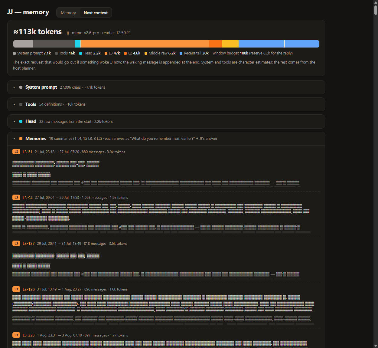 Next-context view: a stacked bar of about 113k estimated tokens split into system prompt, tools, head, L3, L2, middle raw and recent tail against a 100k window budget, followed by collapsible sections listing each memory in the request.